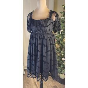 Unique Vintage Black Sheer Midi Dress with Bat Pattern